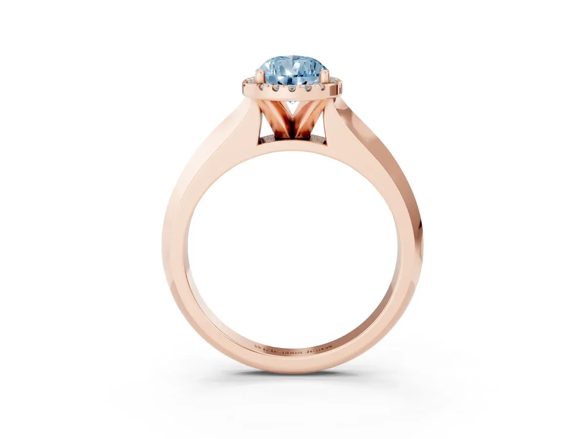 Fancy Blue Pear Cut Halo Diamond Ring with Cathedral Band and Four-Prong Setting Rose gold