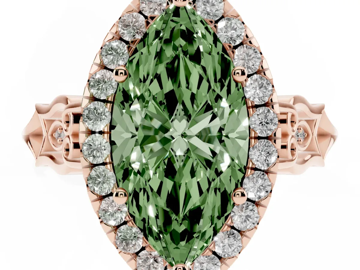 Fancy Green Marquise Cut Halo Diamond Engagement Ring with Filigree Band and Four-Prong Setting Rose gold