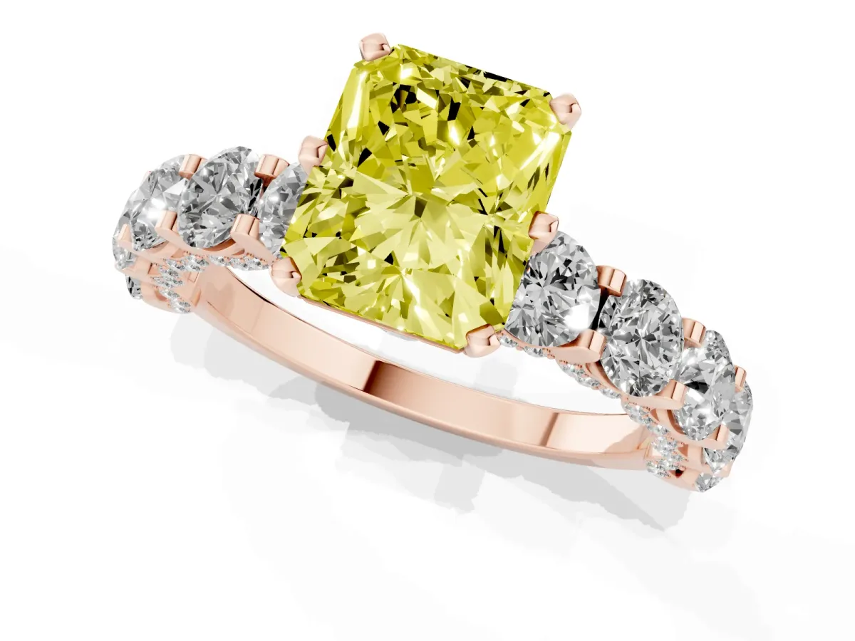 Fancy Yellow Radiant Cut Diamond Side Stone Engagement Ring with Four-Prong Setting Rose gold