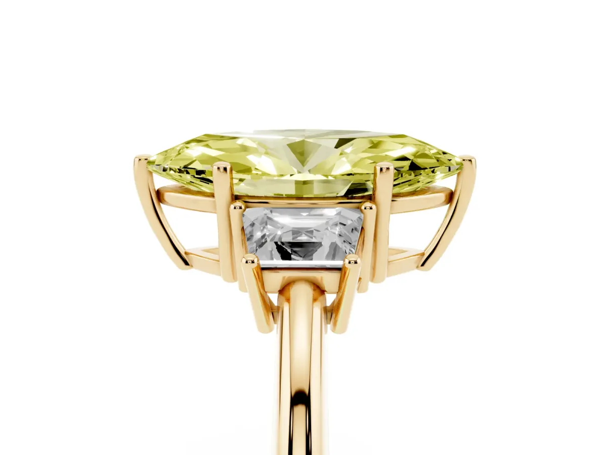 Fancy Yellow Marquise Cut Diamond Three-Stone Ring with Trapezoid Side Stones and Prong Setting Yellow gold