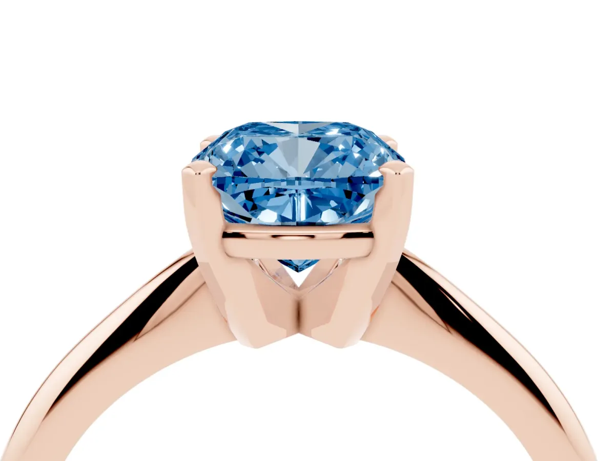 Fancy Blue Cushion Cut Cut Solitaire Ring with Four-Prong Setting on a Classic Band Rose gold