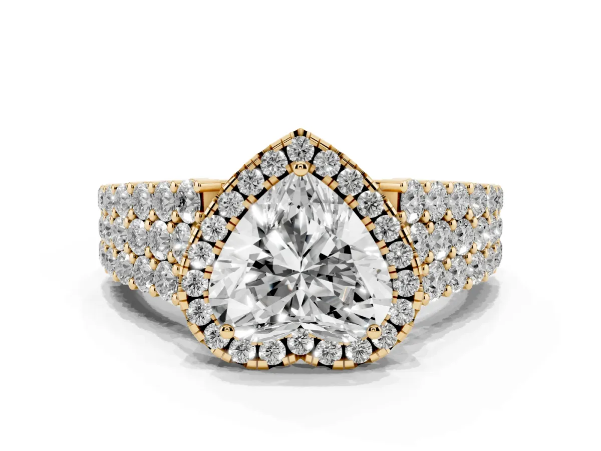 Heart Cut Diamond Halo Engagement Ring with Triple Row Round Pavé Band and Prong Setting Yellow gold