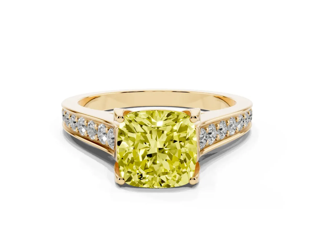 Fancy Yellow Cushion Cut Brilliant Cut Diamond Engagement Ring with Pavé Band and Four-Prong Setting Yellow gold