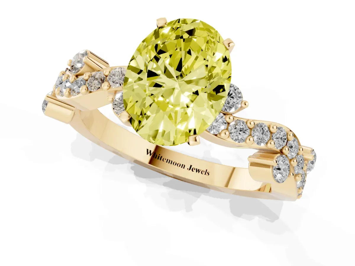 Fancy Yellow Oval Cut Cut Solitaire Diamond Twisted Band with Pave Setting Yellow gold