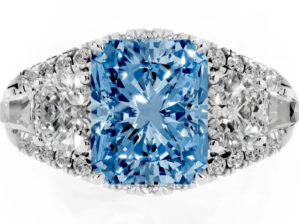 Fancy Blue Three-Stone Radiant Cut Diamond Engagement Ring with Pave Band and Prong Setting Silver