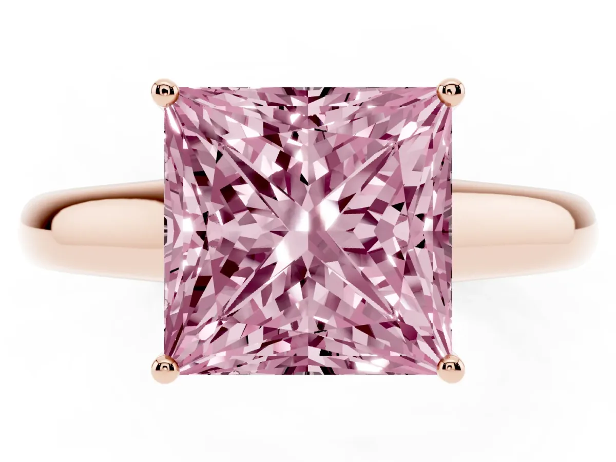 Fancy Pink Princess Cut Solitaire Engagement Ring with Tapered Band and Four-Prong Setting Rose gold