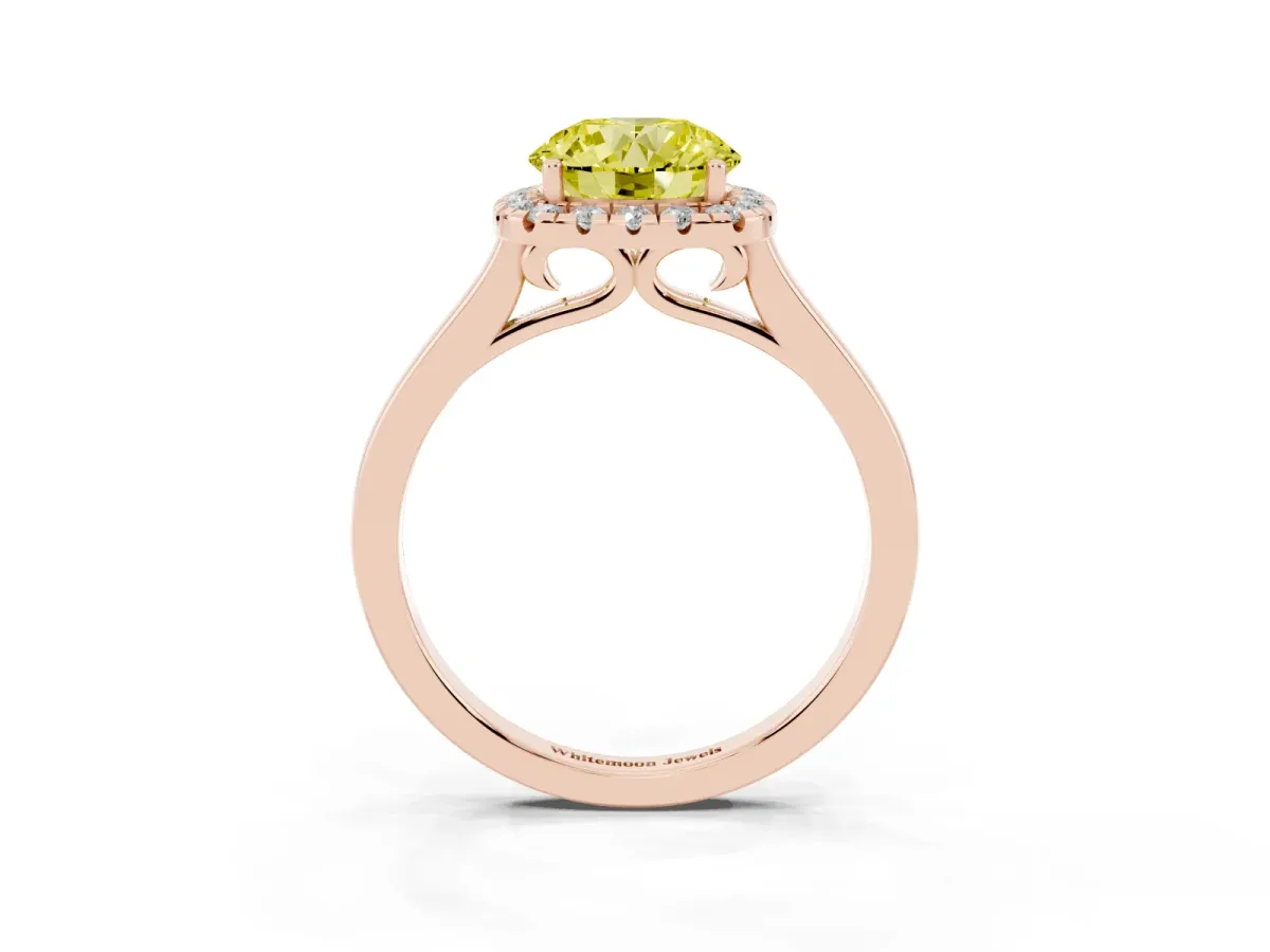 Fancy Yellow Round Cut Halo Round Diamond Solitaire Ring with Pavé Band and Four-Prong Setting Rose gold
