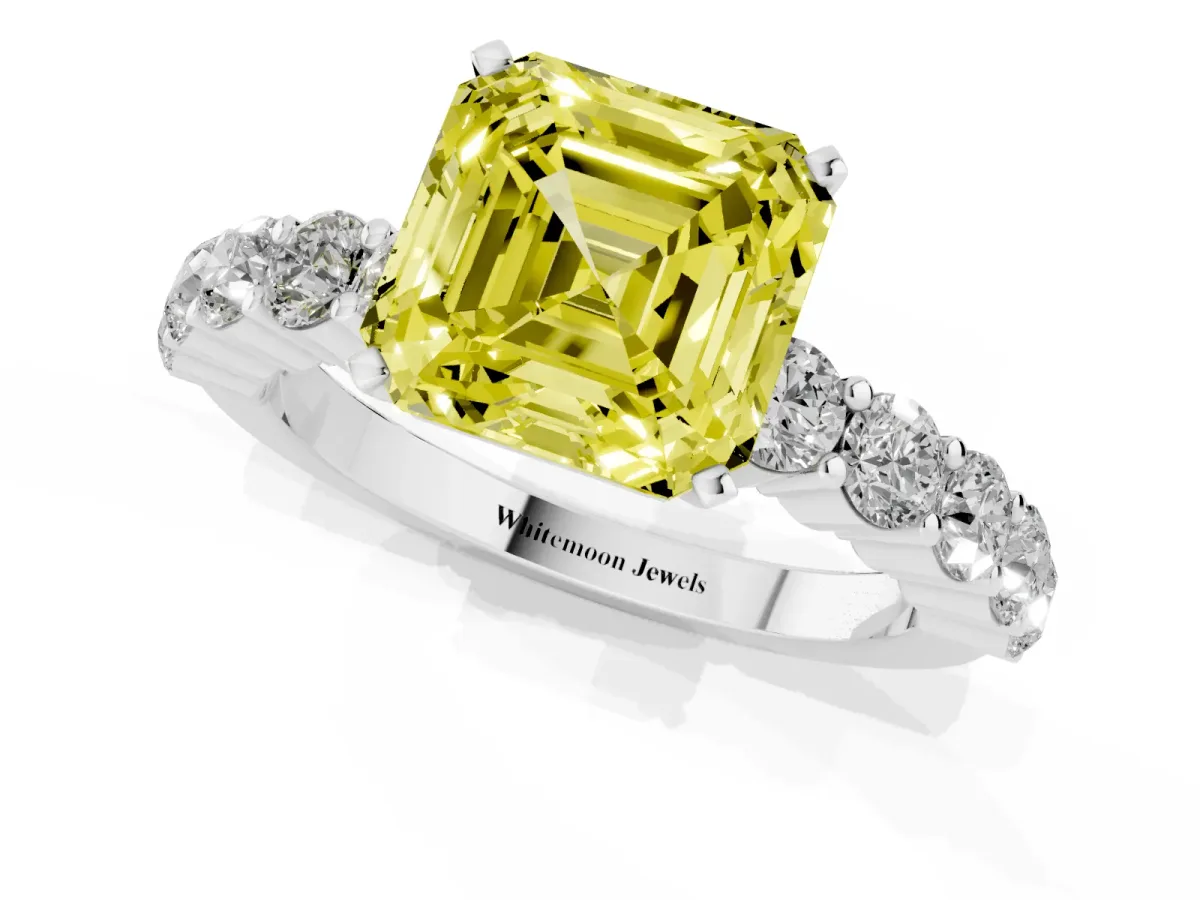 Fancy Yellow Asscher Cut Diamond Solitaire Ring with Shared Prong Round Side Stones White gold
