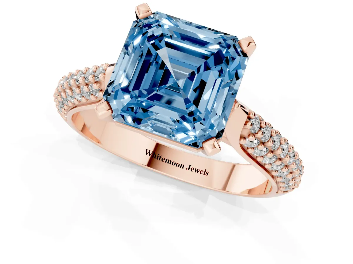 Fancy Blue Asscher Cut Diamond Solitaire Engagement Ring with Multi-Row Round Pavé Band and Prong Setting Rose gold