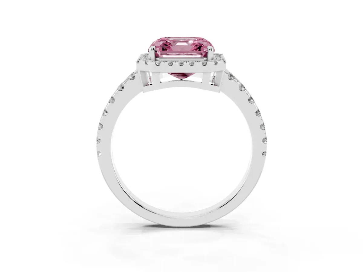 Fancy Pink Asscher Cut Diamond Halo Ring with Pavé Band and Four-Prong Setting White gold