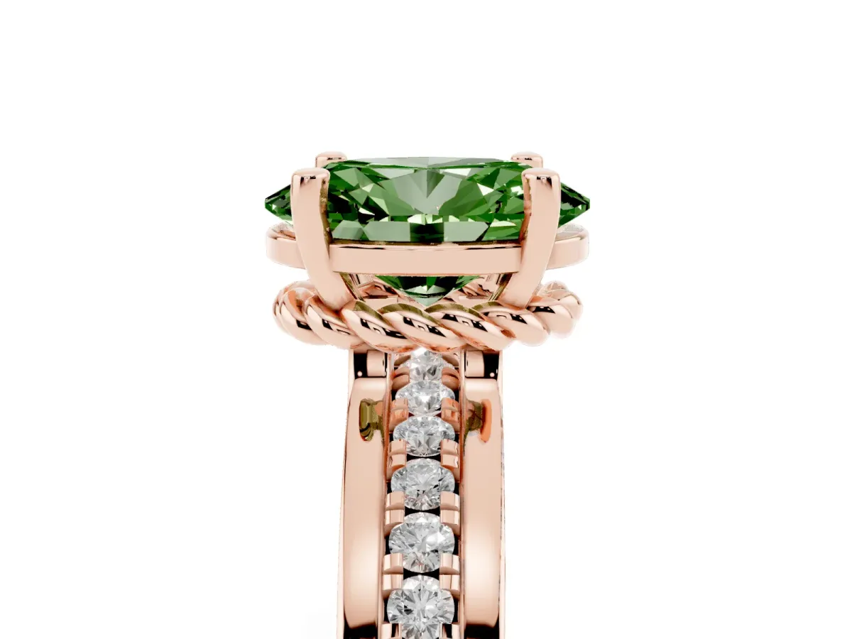 Fancy Green Oval Cut Solitaire Diamond Ring with Channel Set Band and Six-Prong Setting Rose gold