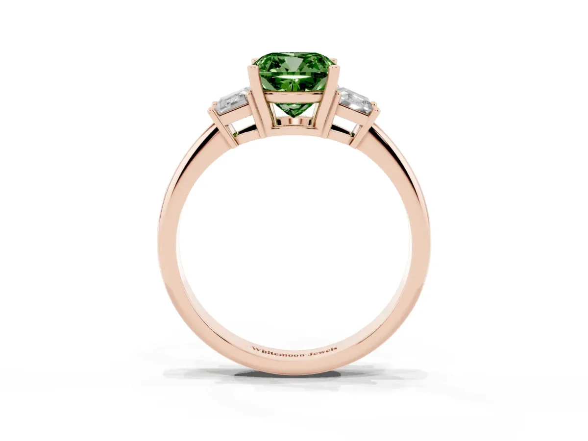 Fancy Green Cushion Cut Diamond Three-Stone Ring with Trapezoid Side Stones and Prong Setting Rose gold