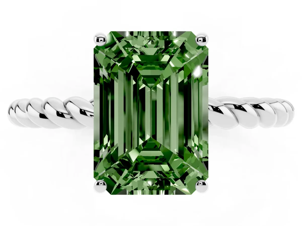 Fancy Green Emerald Cut Solitaire Twisted Band 4-Prong Ring Silver