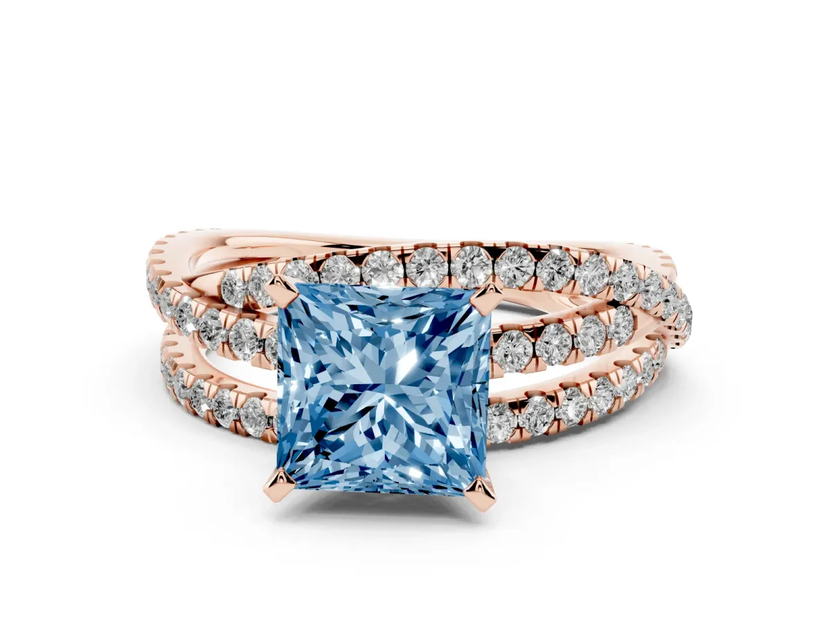 Fancy Blue Princess Cut Solitaire Twist Band with Pavé Setting and Four-Prong Setting Rose gold
