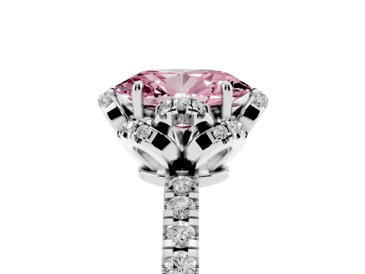Fancy Pink Oval Cut Halo Diamond Pave Band Ring with Four-Prong Setting Silver