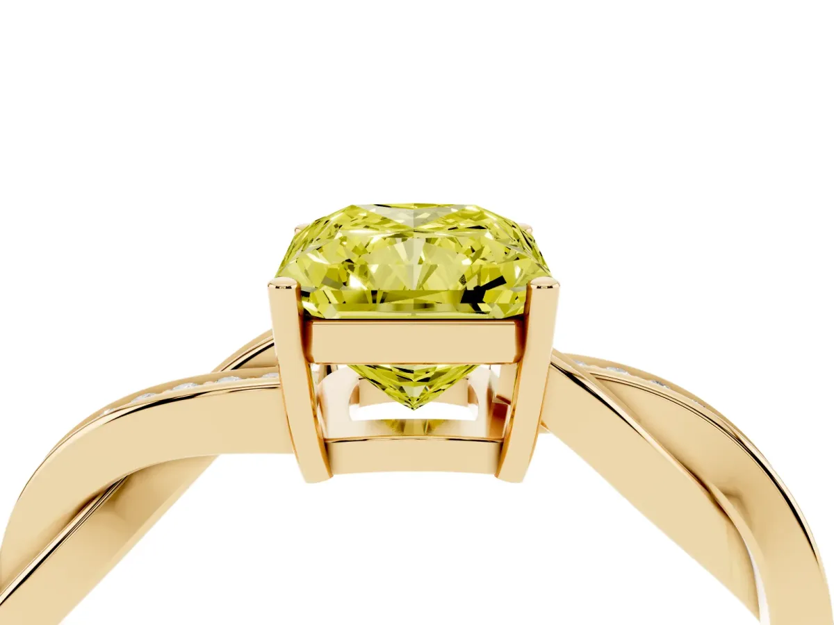 Fancy Yellow Radiant Cut Solitaire Twisted Pave Diamond Ring with Four-Prong Setting Yellow gold