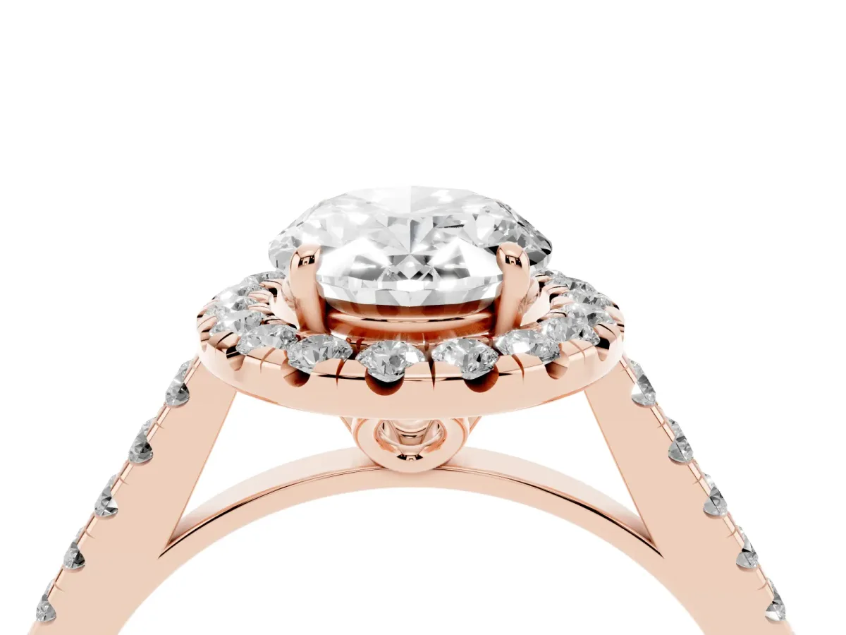 Oval Cut Halo Pavé Diamond Engagement Ring with Four-Prong Setting Rose gold