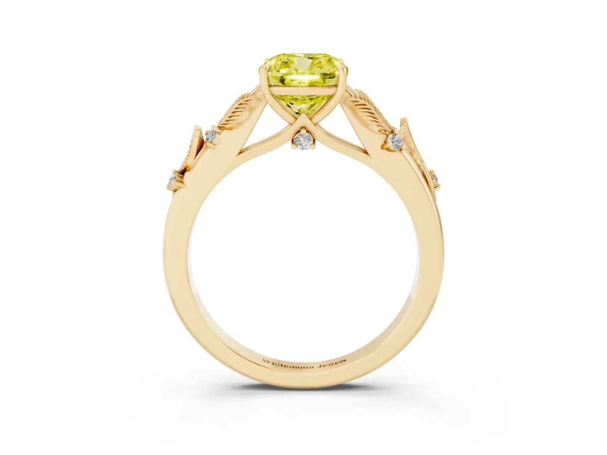 Fancy Yellow Cushion Cut Diamond Solitaire Ring with Leaf Motif Band and Four-Prong Setting Yellow gold