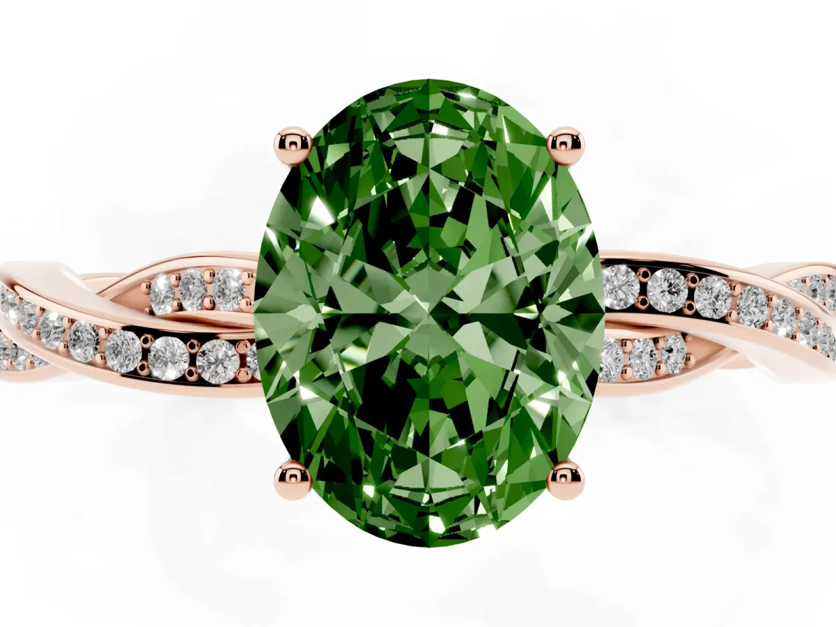 Fancy Green Oval Cut Solitaire Twisted Pave Diamond Ring with Four-Prong Setting Rose gold