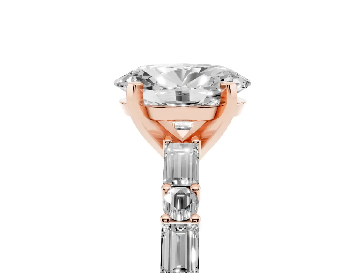 Oval Cut Diamond Solitaire with Side Baguettes and Channel Set Band Rose gold