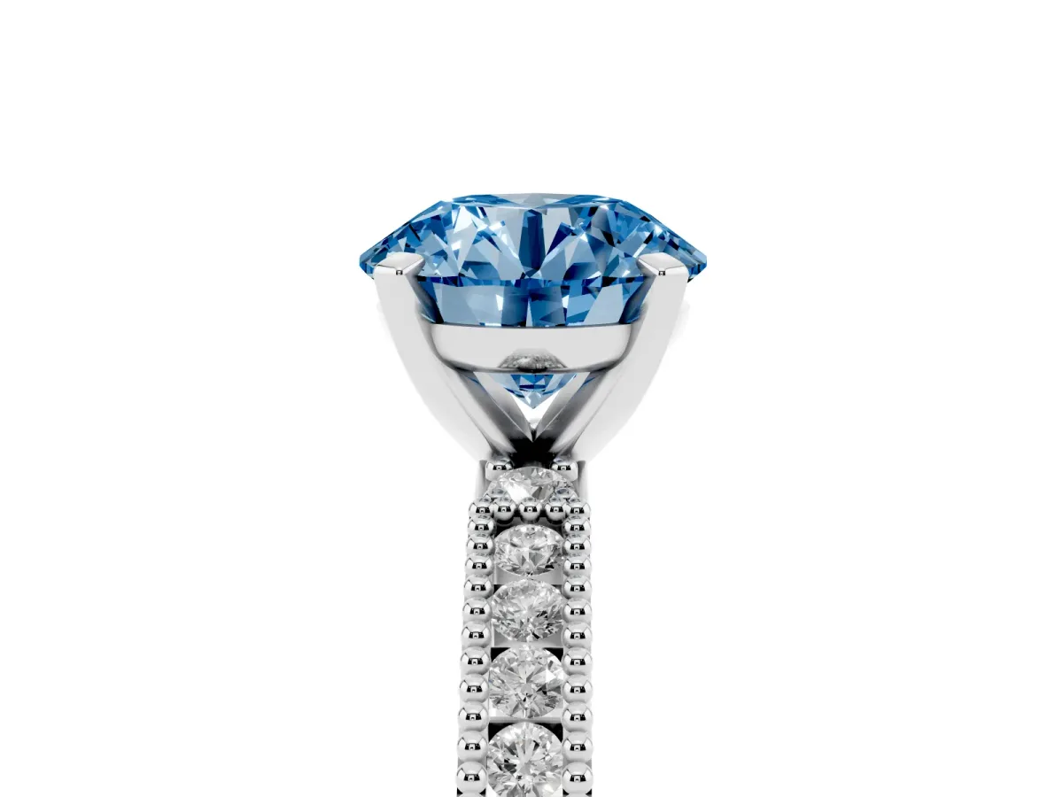 Fancy Blue Round Cut Solitaire with Pavé Band and Four-Prong Setting Platinum