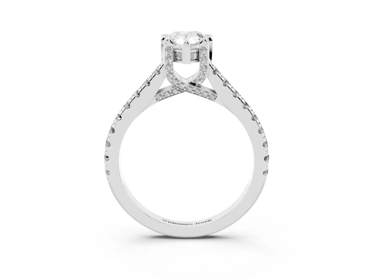 Pear Cut Brilliant Diamond Solitaire with Pavé Band and Four-Prong Setting Platinum