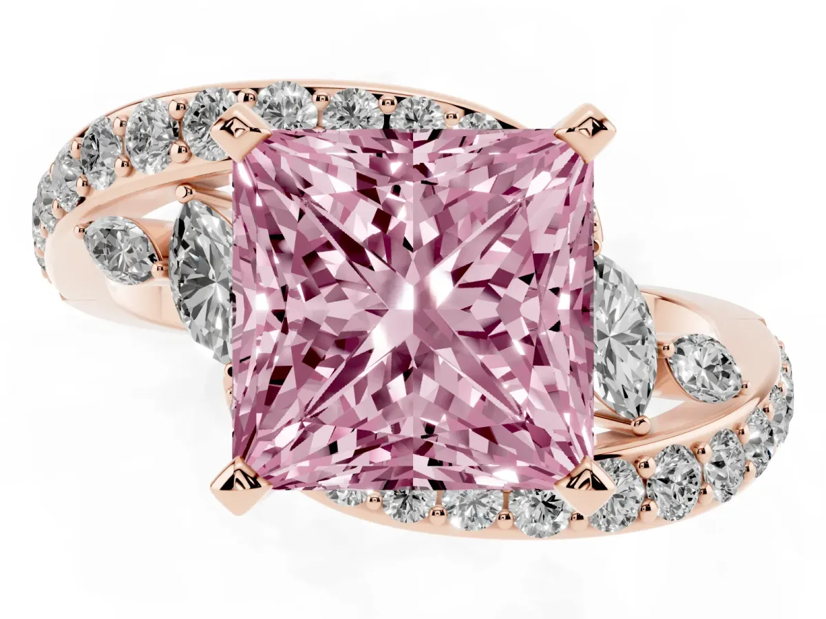 Fancy Pink Princess Cut Solitaire with Pavé Twist Band and Four-Prong Setting Rose gold