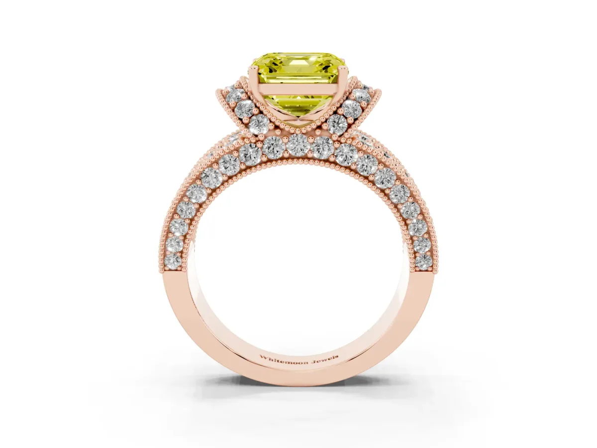 Fancy Yellow Asscher Cut Halo Pave Diamond Engagement Ring with Milgrain Detailing Rose gold