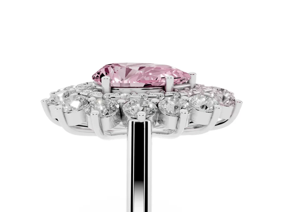 Fancy Pink Pear Cut Diamond Floral Double Halo Engagement Ring with Prong Setting Platinum