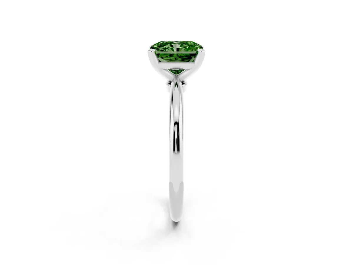 Fancy Green Radiant Cut Diamond Solitaire Ring with Prong Setting and Classic Band Silver