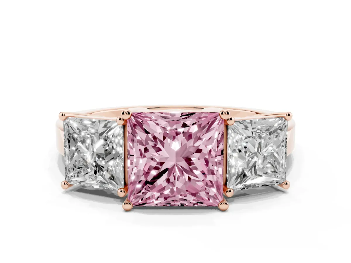 Fancy Pink Three-Stone Princess Cut Cut Diamond Engagement Ring with Flat Band and Four-Prong Setting Rose gold