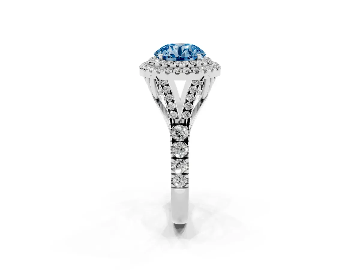 Fancy Blue Double Halo Round Cut Diamond Split Shank Engagement Ring with Four-Prong Setting Platinum