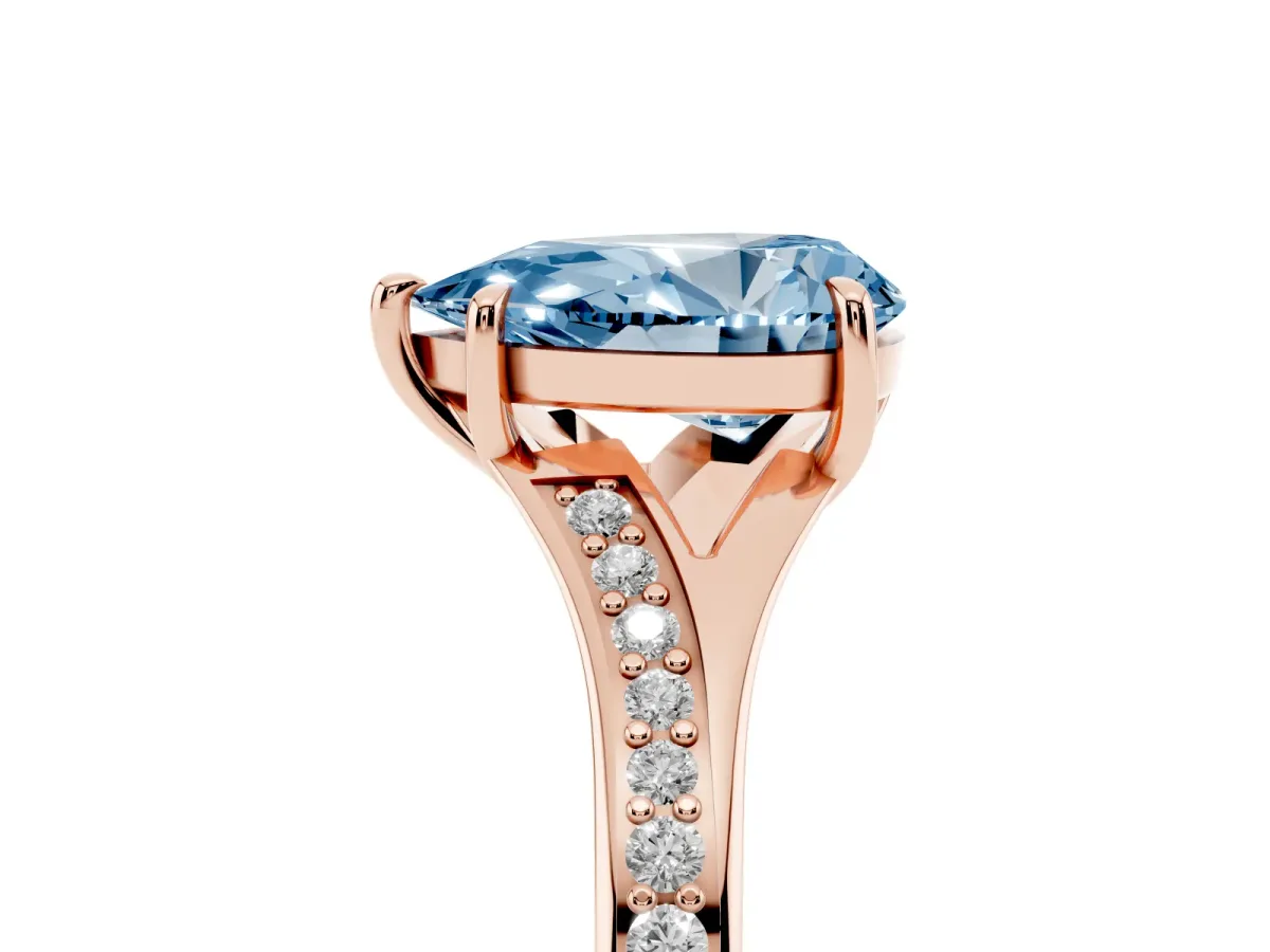 Fancy Blue Pear Cut Diamond Solitaire Ring with Pavé Band and Prong Setting Rose gold