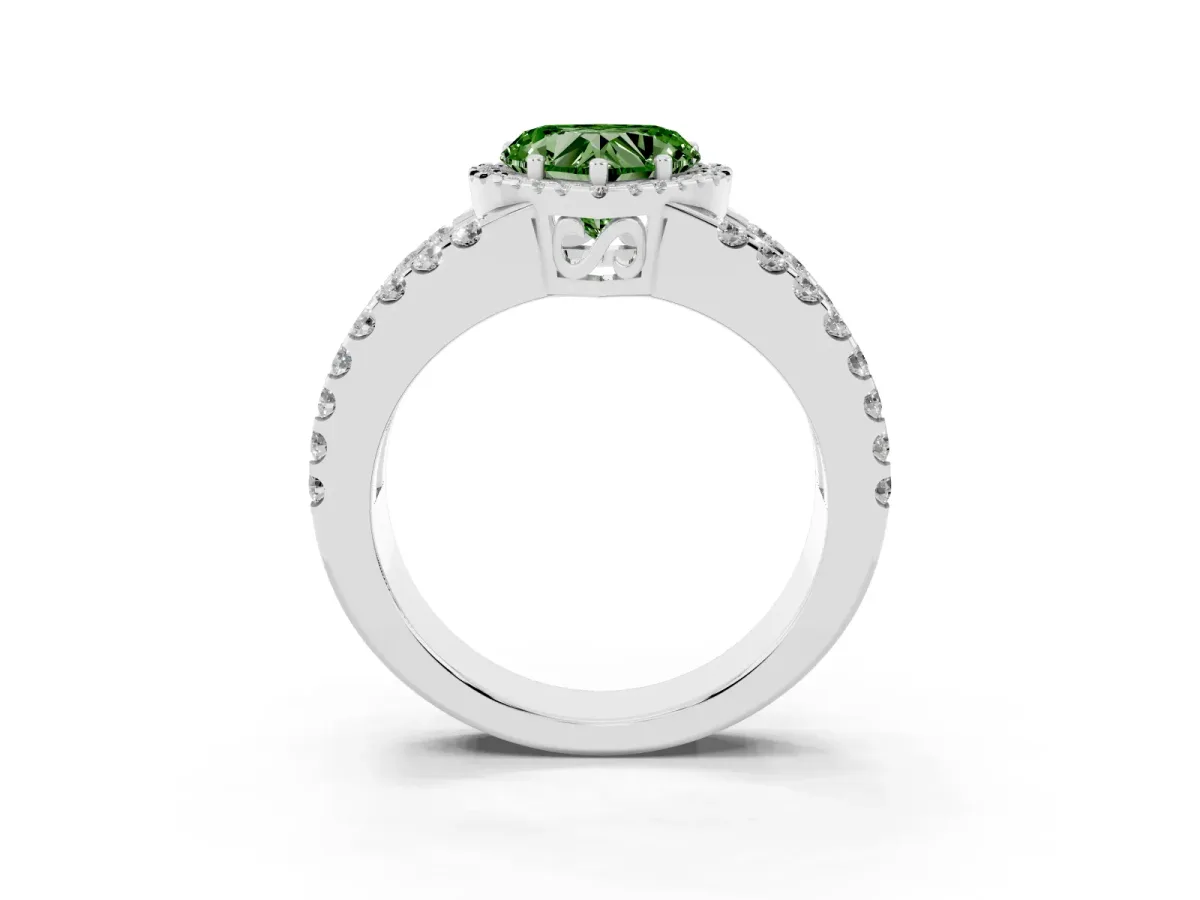 Fancy Green Heart Cut Cut Halo Split Shank Diamond Ring with Four-Prong Setting Silver