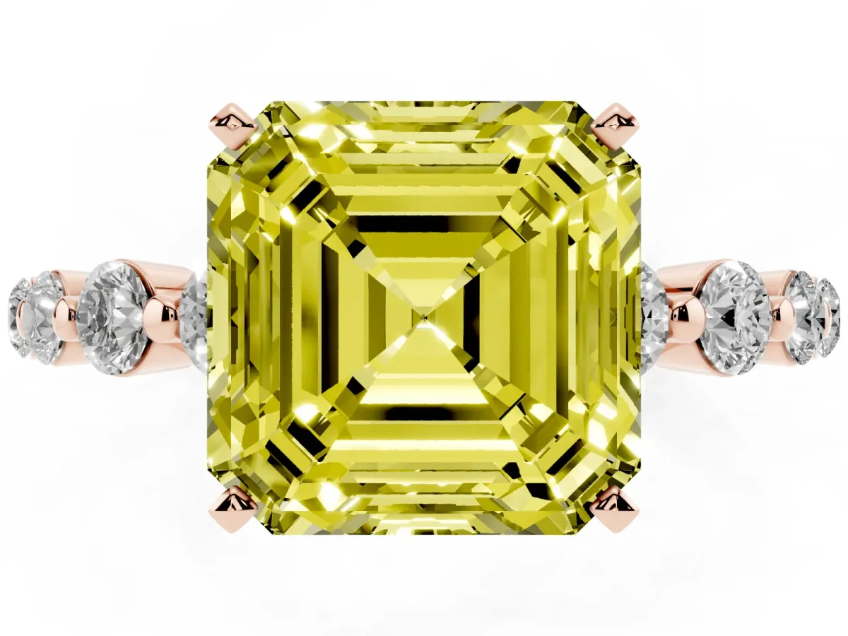 Fancy Yellow Asscher Cut Solitaire Diamond Ring with Pave Band and Four-Prong Setting Rose gold