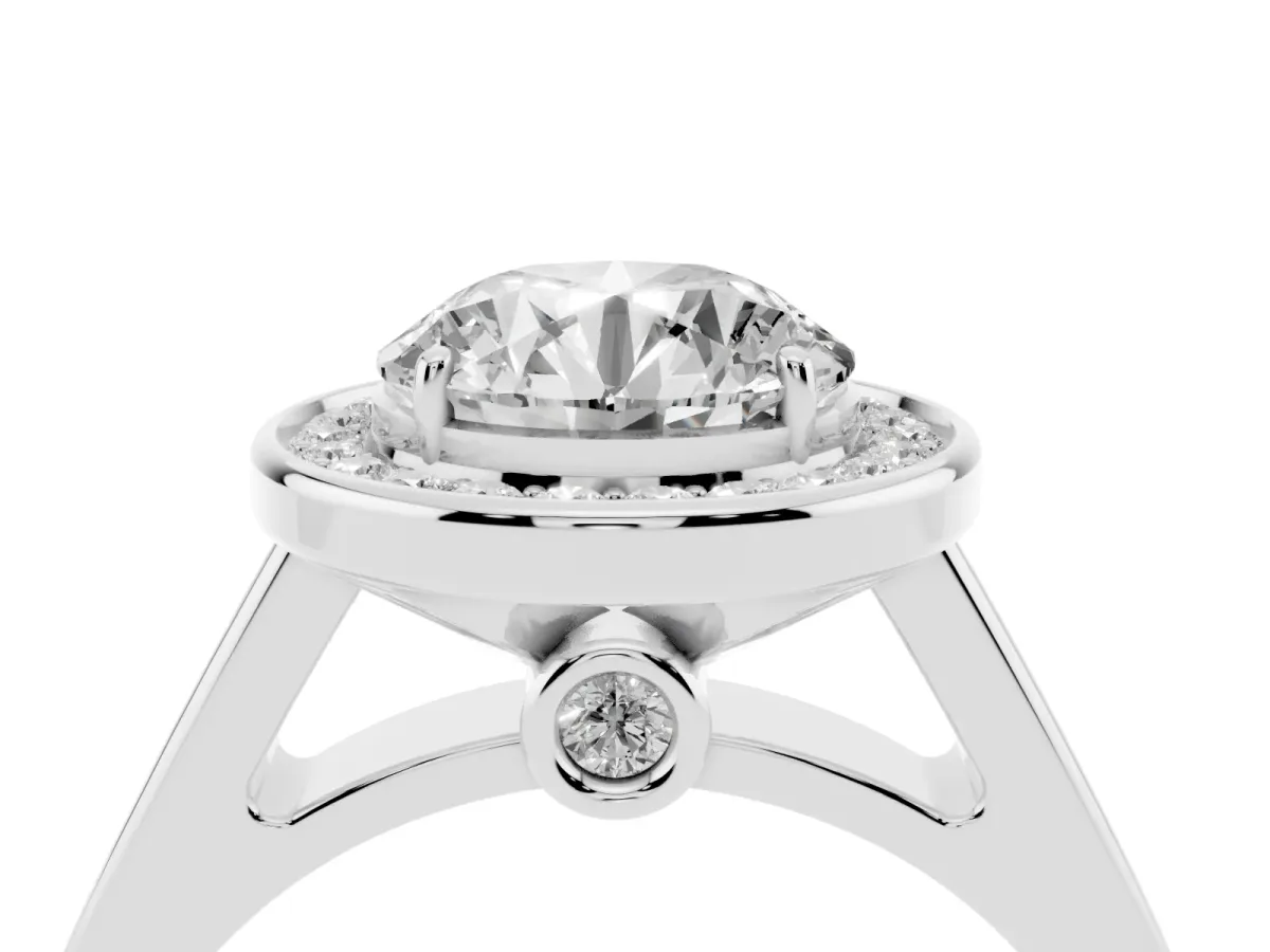 Round Cut Halo Solitaire Diamond Ring with Pave Band and Bezel Setting Silver