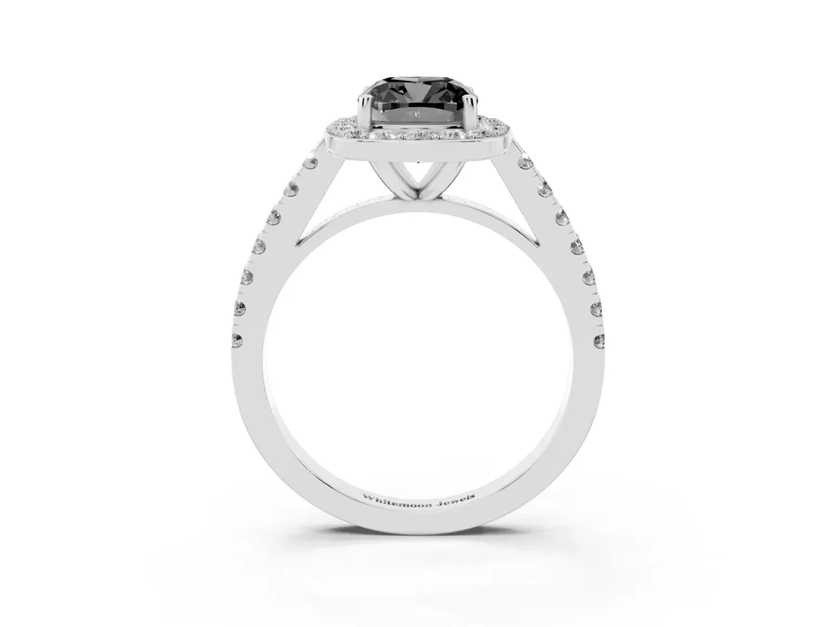 Fancy Black Cushion Cut Diamond Halo Ring with Round Pavé Split Shank and Prong Setting Silver
