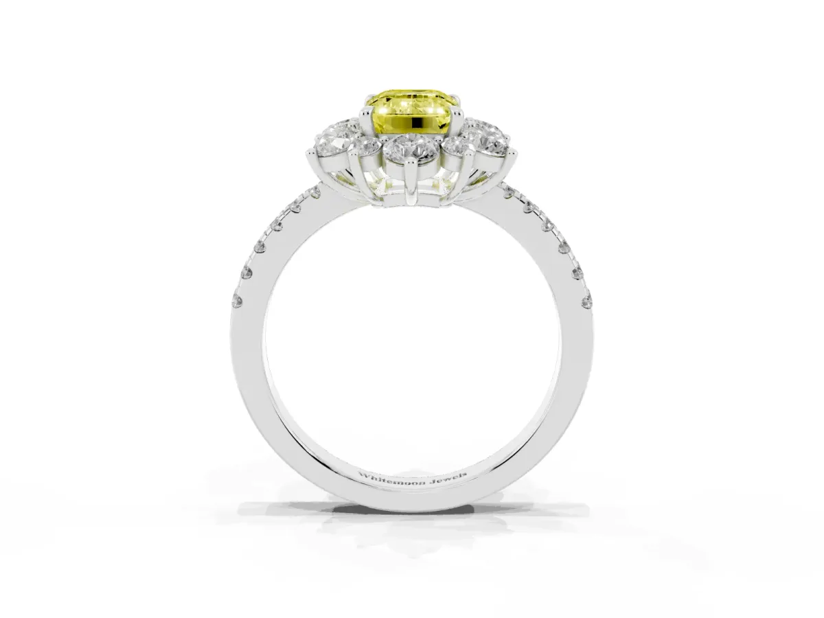 Fancy Yellow Emerald Cut Diamond Floral Halo Ring with Round Pavé Band and Prong Setting Silver
