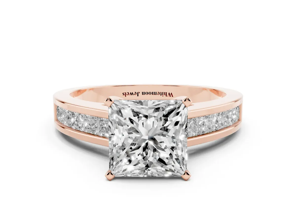 Princess Cut Solitaire Diamond Ring with Channel-Set Band and Four-Prong Setting Rose gold