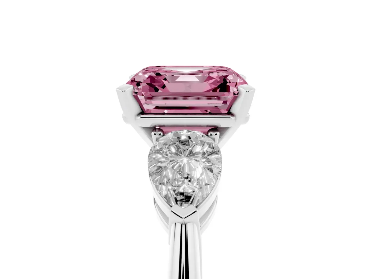 Fancy Pink Three-Stone Asscher Cut Diamond Ring with Pear Side Stones and Four-Prong Setting Silver