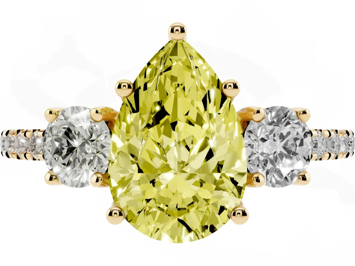 Fancy Yellow Three-Stone Pear Cut Cut Diamond Pavé Band with Prong Setting Yellow gold