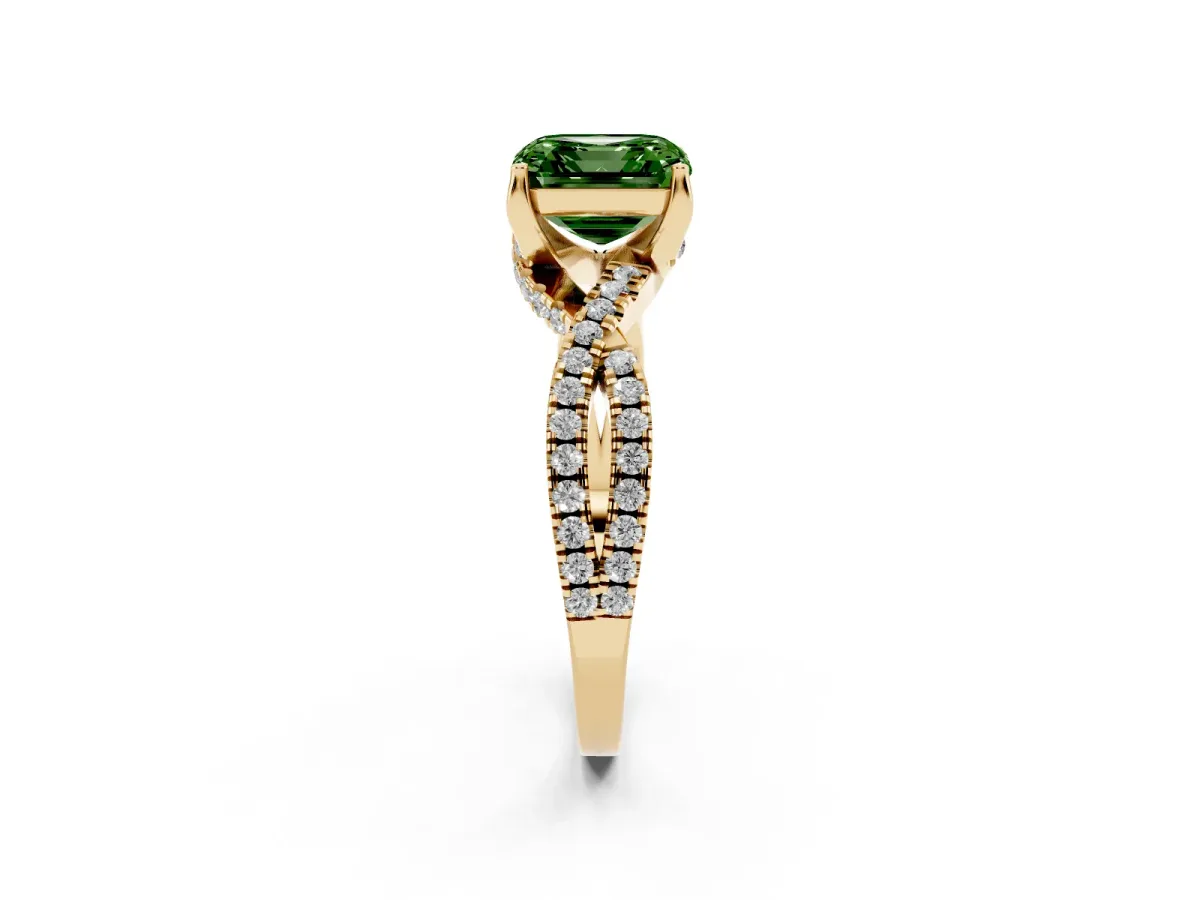 Fancy Green Asscher Cut Solitaire Twist Pave Diamond Engagement Ring with Prong Setting Yellow gold