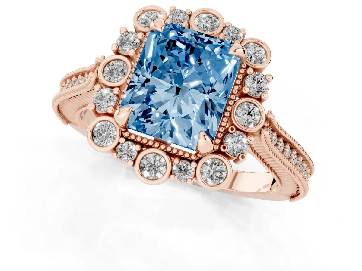 Fancy Blue Radiant Cut Halo Milgrain Pave Diamond Ring with Four-Prong Setting Rose gold