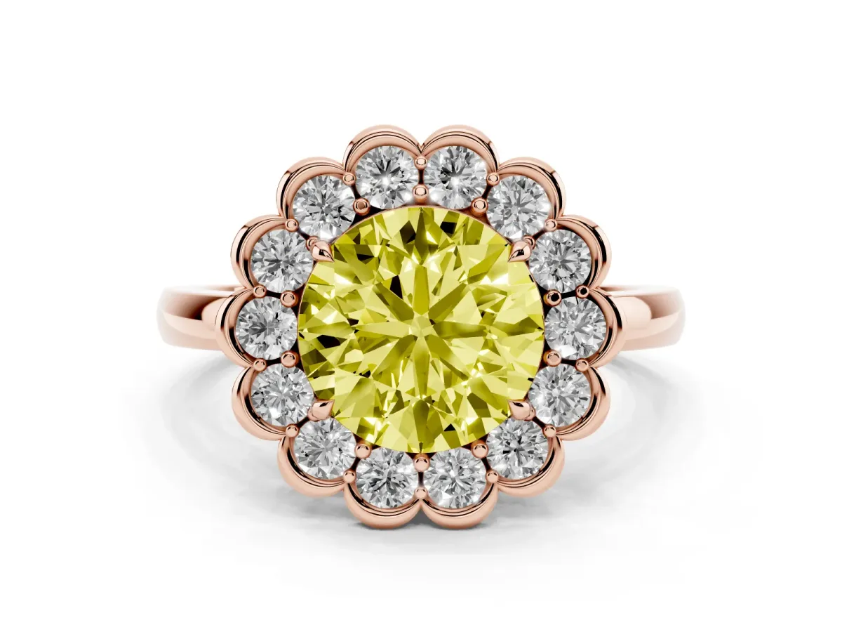 Fancy Yellow Round Cut Halo Cluster Diamond Engagement Ring with Solitaire Band and Prong Setting Rose gold