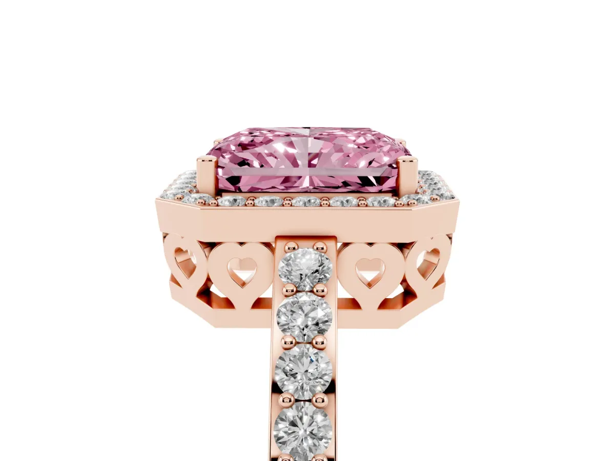 Fancy Pink Radiant Cut Halo Diamond Pavé Band Ring with Prong Setting Rose gold