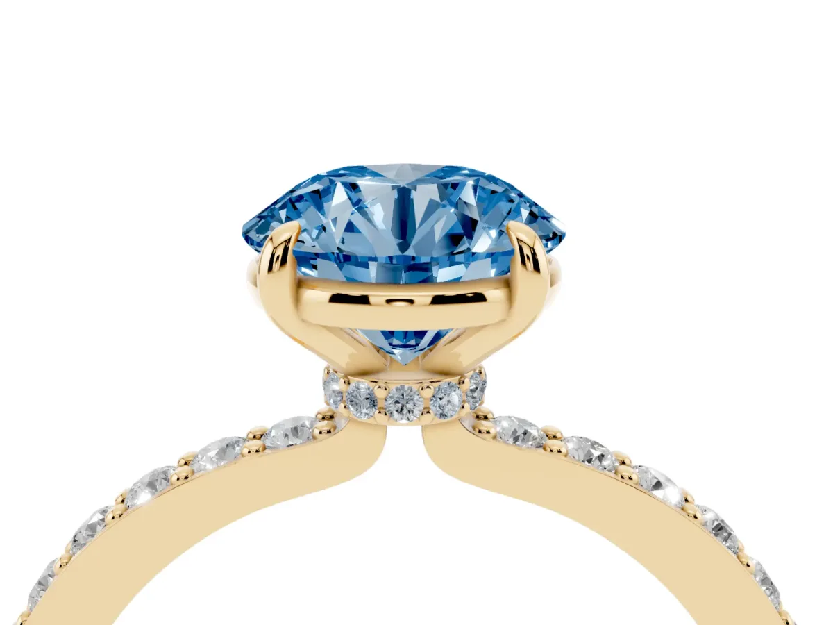 Fancy Blue Round Cut Diamond Pavé Engagement Ring with Round Accents and Prong Setting Yellow gold