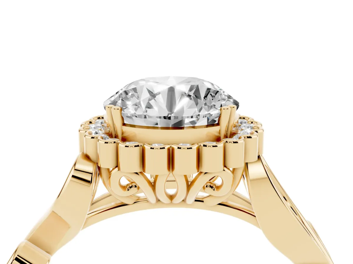 Round Cut Diamond Halo Ring with Vintage Split Shank and Four-Prong Setting Yellow gold