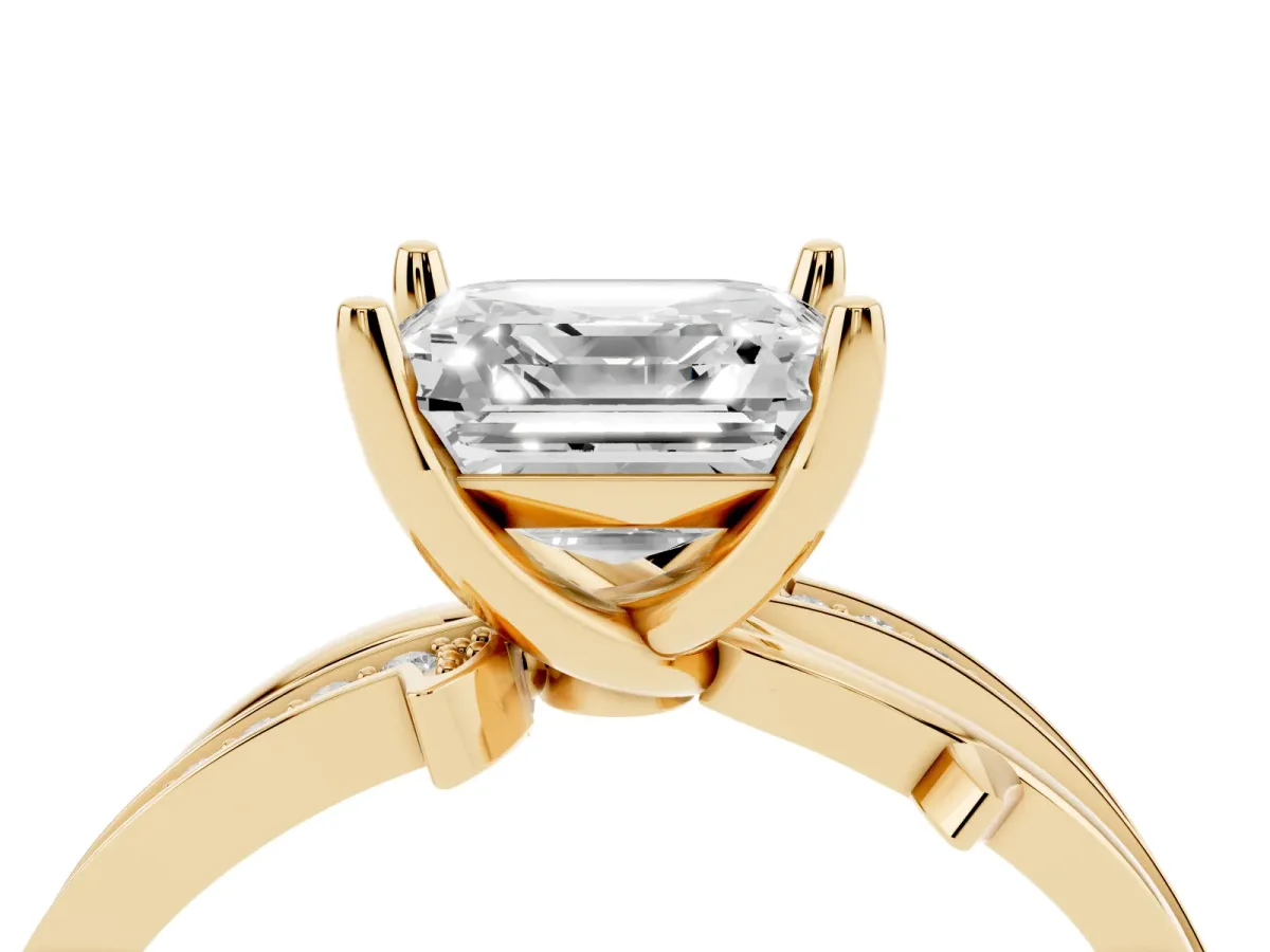 Asscher Cut Solitaire Twist Band with Pavé Accents and Four-Prong Setting Yellow gold