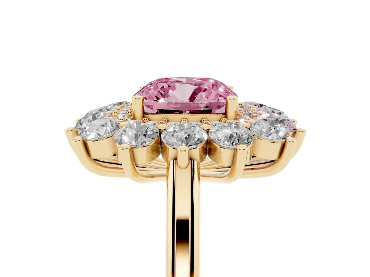 Fancy Pink Cushion Cut Diamond Floral Double Halo Engagement Ring with Prong Setting Yellow gold