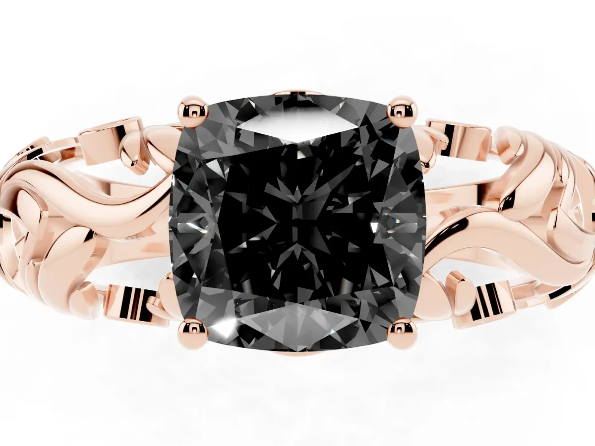 Fancy Black Cushion Cut Solitaire Diamond Leaf-Inspired Vine Band Ring with Prong Setting Rose gold